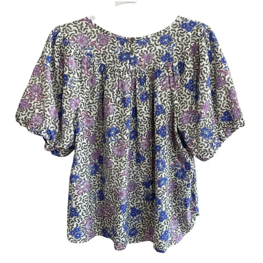 LOFT Purple Floral Print Shirred Yoke Top Puff Sleeve Lightweight Size Small EUC
